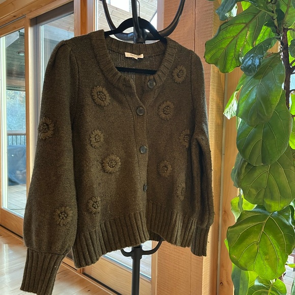 Madewell green wool knit winter cardigan flowers - Picture 5 of 7